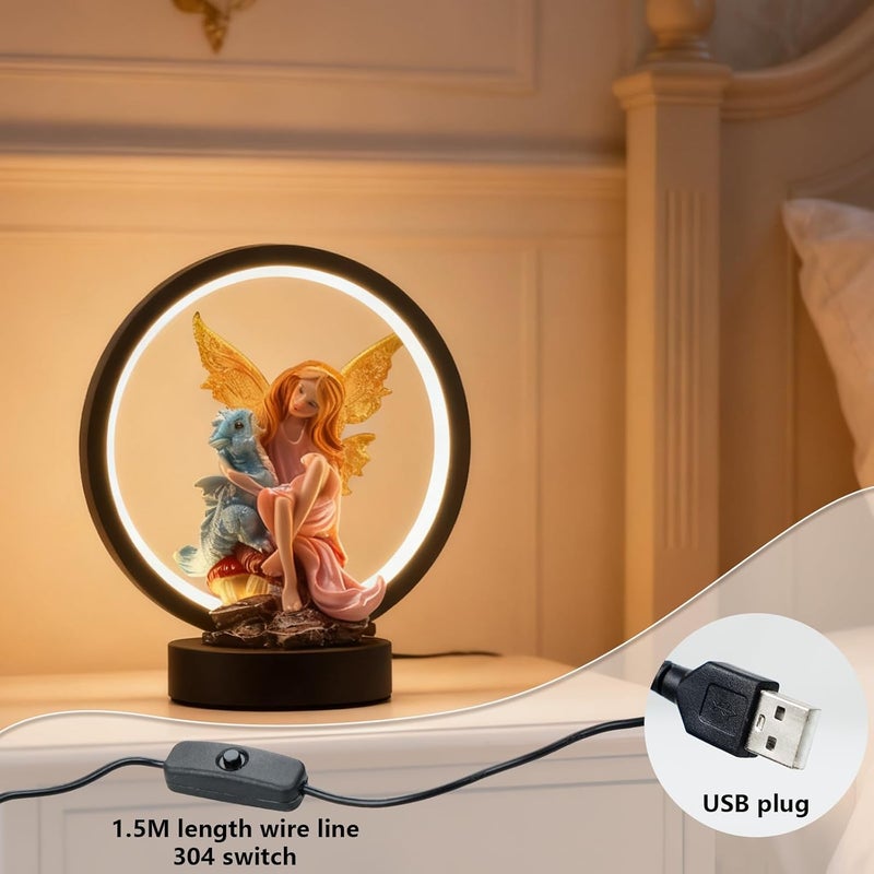 Hmusnwol Store Fairy Dragon Figurine Lamp - Fairy Collection Pixie Statue with 6.15 inch LED Circle Table Lamp for Gifts,Fantasy/Bedroom/Bookshelf/Desk Decoration - Image 4